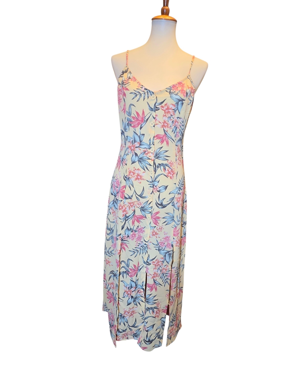 H&M Cream Floral Midi Slip Dress with Pink & Blue Print - Picture 1 of 3